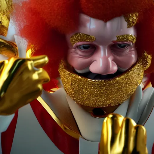 Image similar to A still of Ronald McDonald surrounded by gold and diamonds, Award-winning, photograph, 3d render, unreal engine, 4k detailed