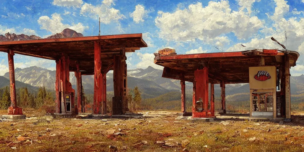 Image similar to an abandoned old rusty American gas station in Colorado mountains, oil painting, highly detailed, artwork, in style of Albert bierstadt