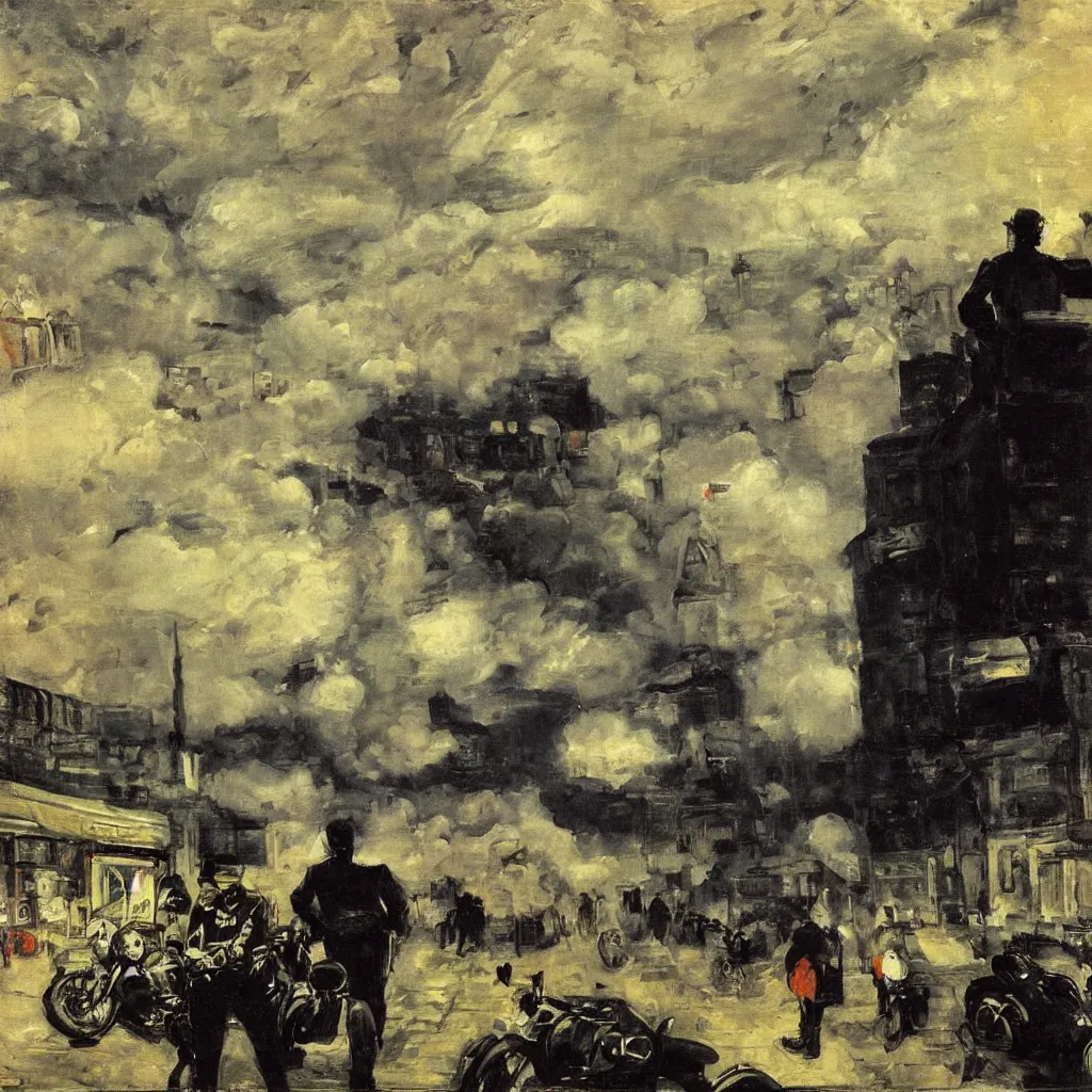 Prompt: a city in the clouds, one raised road leaving the city curving towards viewer, a motorcycle, man wearing leather jacket and black helmet, oil painting, style of george bellows