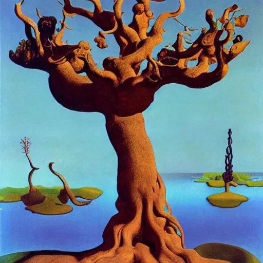 Image similar to Oak of shame, by Bekzinsky, by Salvador Dali, by Antoni Gaudi, by Maxfield Parrish, by Nicholas Roerich, by H.R. Giger