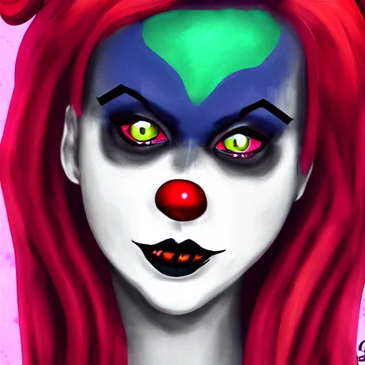 Prompt: A high quality illustration of a bright goth-clown hybrid with red hair, trending on artstation, cute