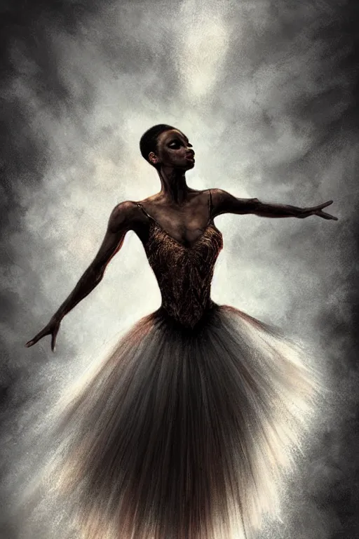 Image similar to black prima ballerina, gorgeous, ethereal, intricate, elegant, volumetric lighting, nature scenery, digital painting, highly detailed, artstation, sharp focus, illustration, concept art, clive barker