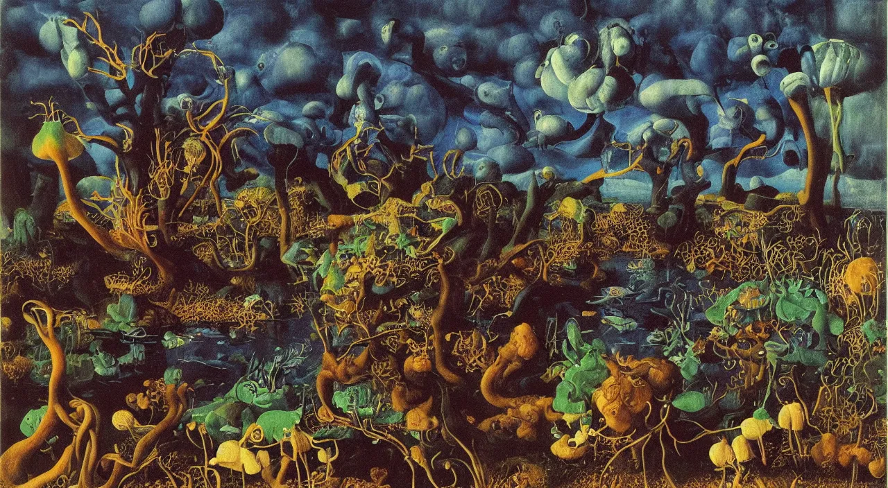 Prompt: surreal flooded! fungus. painting by jan van eyck, audubon, rene magritte, agnes pelton, max ernst, walton ford, high contrast!!, dark shadows, sunny day, white background, hard lighting, masterpiece