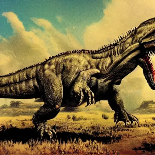 Image similar to tyrannosaurus rex standing in a prehistoric savannah, concept art by frank miller