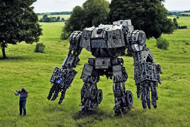 Image similar to beautiful english countryside, a ginormous destroyed mech lies broken in a field