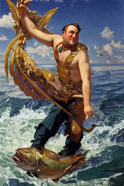 Image similar to High detailed painting of James Gandolfini as Neptune riding a giant fish by J. C. Leyendecker