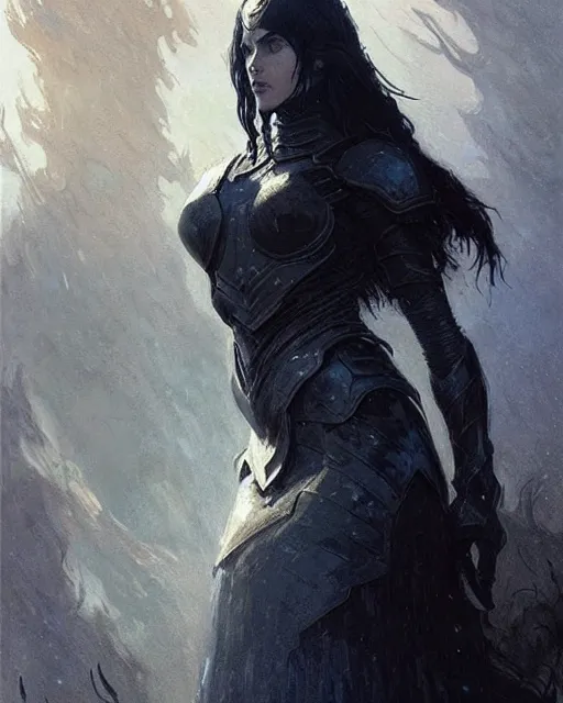 Image similar to a beautiful woman dark hair in an armor with dark eyes, elegant, dark blue, ethereal horror fantasy art by greg rutkowski and magali villeneuve and claude monet