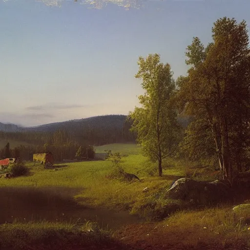 Prompt: Peaceful landscape, early morning, lush field, forest, matte painting, by Isaac Levitan and Asher Brown Durand