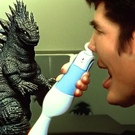 Image similar to godzilla brushing his teeth with a electric toothbrush