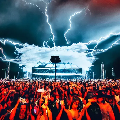 Prompt: rock concert in a city with a lightning bolt hitting the stage