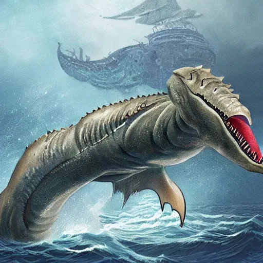 Prompt: hyper realistic sea monster with harpoons sticking out of it's skin