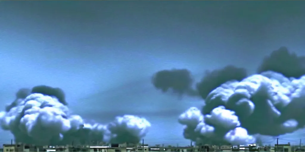 Image similar to combat drone strike war footage, ir, chromatic aberration!!!!!!!!!!!, broken camera colors, iridescent!!!!!!!!! saturated infrared camera, very high contrast, nuclear cloud, high angle vertical, inversed color, clouds, jpeg compression