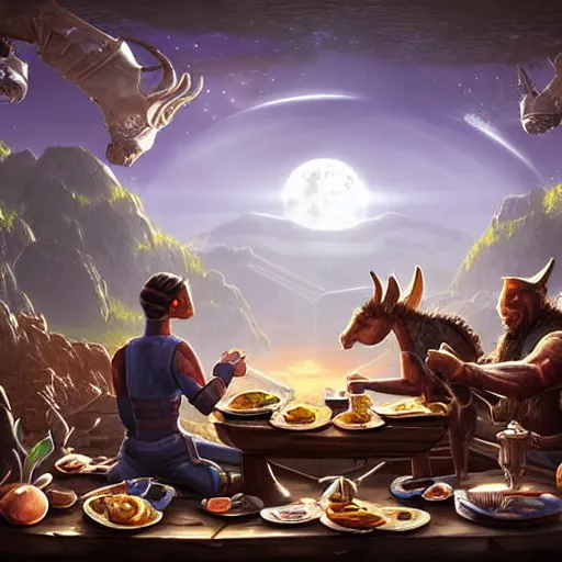 Image similar to zoom out, ultrarealistic, ultradetailed, war donkey eating breakfast, sitting on a futuristic table with aliens, at the end of the universe, very very very ultradetailed, epic fantasy style art, fantasy epic digital art, epic fantasy art, hearthstone style art