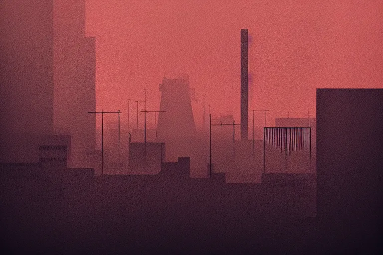 Image similar to editorial illustration by Karolis Strautniekas and Mads Berg synthwave, portrait of a lonely city, colorful, fine texture,detailed, muted colors,film noir, dramatic lighting, dynamic composition,moody, vivid, matte print, Crepuscular rays