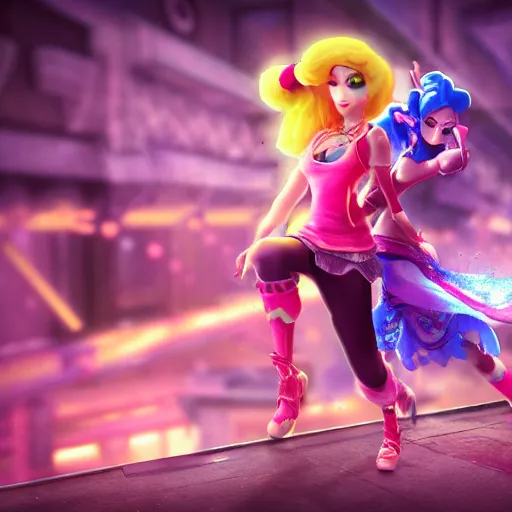 Image similar to a girl like jinx and Princess peach, dancing, background jet ground radio, fullshot, raytrayced, octane render,volumetric lighting, epic composition, intricate details, dark neon punk, by myanko