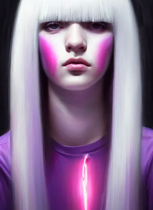 Image similar to hair whitebangs hair, black hair, whitebangs, portrait of teenage girl with white bangs, red irises, purple clothes, white bangs, bangs are different color from hair, intricate, elegant, glowing lights, highly detailed, digital painting, artstation, concept art, smooth, sharp focus, illustration, art by wlop, mars ravelo and greg rutkowski