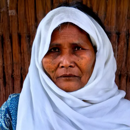 Image similar to a nepali woman wearing a white shawl, realistic