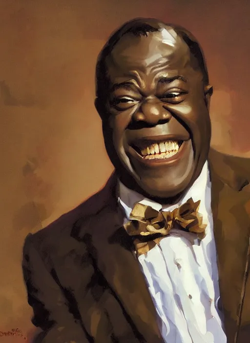 Image similar to a portrait of louis armstrong telling a joke, by greg manchess and john singer sargent and jonathan yeo, dramatic lighting, highly detailed digital painting