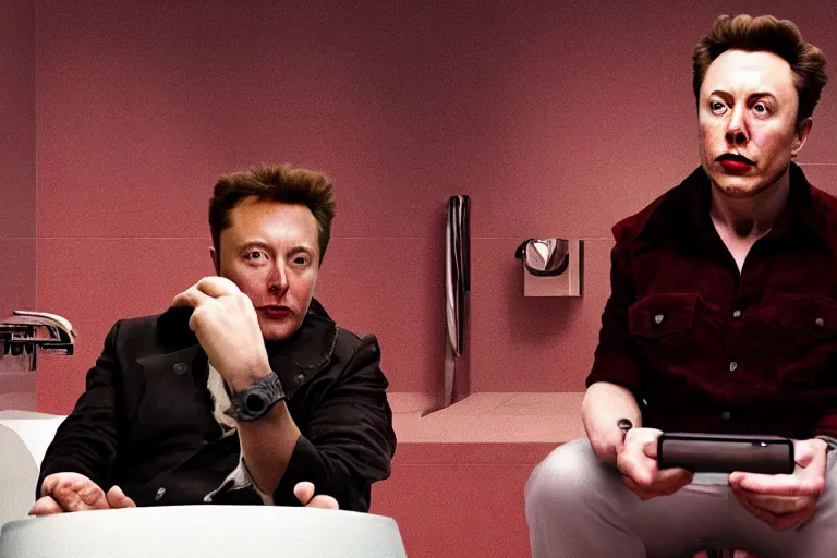 Prompt: hyperrealism aesthetic ridley scott and denis villeneuve style photography of a detailed elon musk, siting on a detailed toilet and scrolling his smartphone in hyperrealism scene from detailed art house movie in style of alejandro jodorowsky and wes anderson