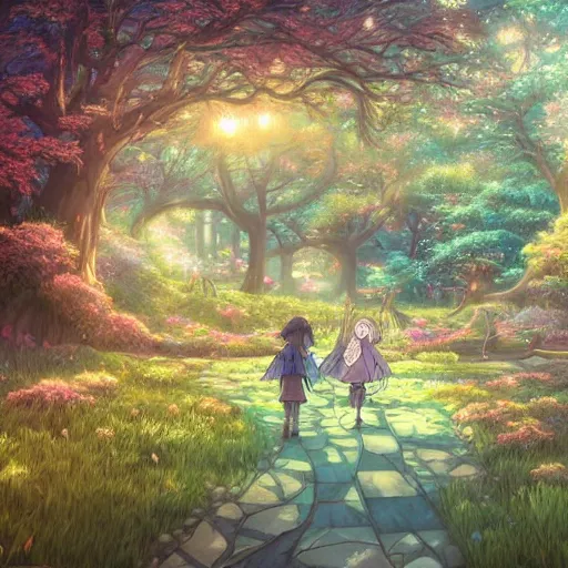 Image similar to the aesthetic view of the beautiful, grand, wistful, dreamy hidden forest at dusk, hyperrealistic anime illustration by iralki nadar, colorful, extremely detailed, intricate linework, super sharp focus, bright colors, octopath traveler, studio ghibli, unreal engine 5 highly rendered, global illumination, radiant light, detailed and intricate environment