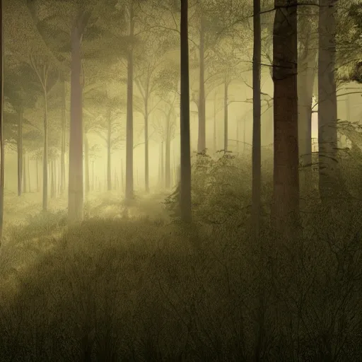 Prompt: forest landscape, by simon stahleberg, illustration, sepia, volumetric light, global illumination, lumen global illumination