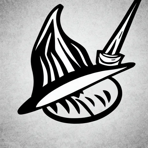 Image similar to mage pointy hat and fireball vector art, logo, minimalistic, black and white, clear edges, no watermarks