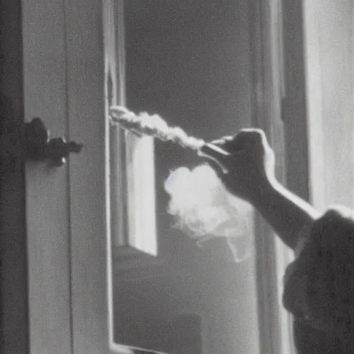 Prompt: Zoomed cropped voyeuristic direct eye contact closeup of supermodel neighbor blowing smoke in window, Technicolor, telephoto lens, vintage photograph, historical archive