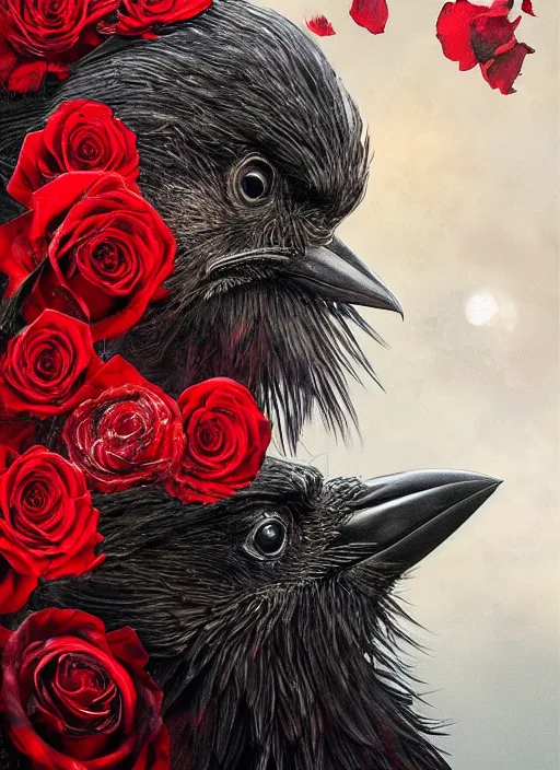 Prompt: red and golden color details, portrait, A crow with red eyes in front of the full big moon, book cover, red roses, red white black colors, establishing shot, extremly high detail, foto realistic, cinematic lighting, by Yoshitaka Amano, Ruan Jia, Kentaro Miura, Artgerm, post processed, concept art, artstation, raphael lacoste, alex ross, portrait, A crow with red eyes in front of the full big moon, book cover, red roses, red white black colors, establishing shot, extremly high detail, photo-realistic, cinematic lighting, by Yoshitaka Amano, Ruan Jia, Kentaro Miura, Artgerm, post processed, concept art, artstation, raphael lacoste, alex ross