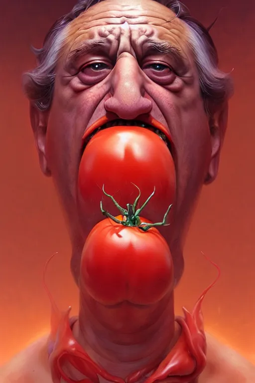 Image similar to robert de niro tomato face, hyper detailed, digital art, artstation, cinematic lighting, studio quality, smooth render, by peter mohrbacher, hajime sorayama, wayne barlowe, boris vallejo, aaron horkey, gaston bussiere, craig mullins