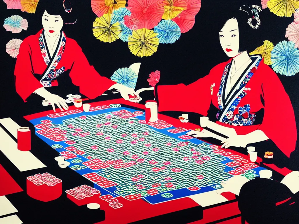 Image similar to hyperrealistic composition of the detailed single woman in a japanese kimono sitting at a extremely detailed poker table with hyperdetailed darth vader, fireworks, mountain fuji on the background, pop - art style, jacky tsai style, andy warhol style, acrylic on canvas