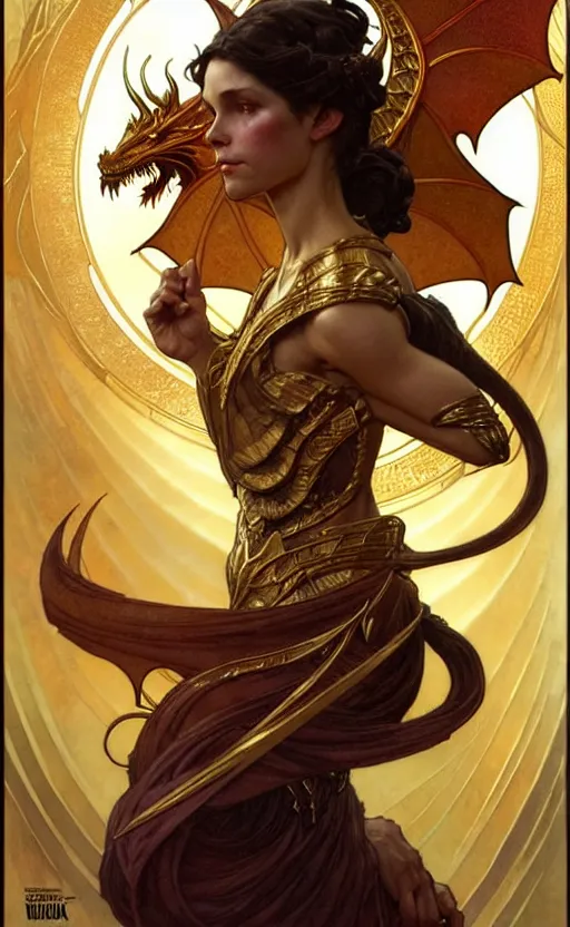 Image similar to magic gold dragon gorgeous lighting by weta studio, mucha, bautista and norman rockwell and greg rutkowski and tom bagshaw and james gurney and lucasfilm