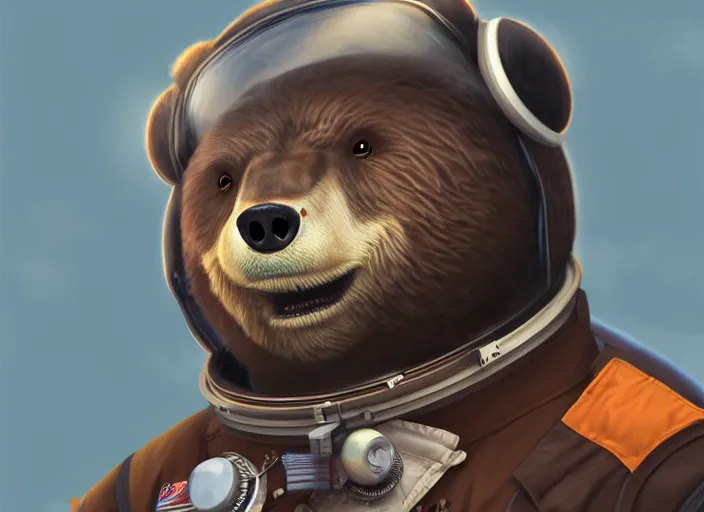 Image similar to character portrait feature of the anthro male anthropomorphic kamchatka brown bear fursona wearing cosmonaut outfit uniform professional pilot astronaut cosmonaut spirited disciplined character design stylized by charlie bowater, ross tran, artgerm, and makoto shinkai, detailed, soft lighting, rendered in octane