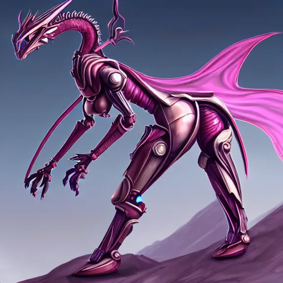 Prompt: extremely detailed giantess shot, close front shot, of a goddess that's a giant beautiful stunning anthropomorphic robot female dragon, standing majestically on a mountain, elegant pose, robot dragon claws, streamlined pink armor, detailed sharp metal claws, thick warframe thighs, long elegant tail, detailed warframe fanart, destiny fanart, high quality digital art, giantess art, furry art, warframe art, Destiny art, furaffinity, DeviantArt, artstation, 8k HD, octane render