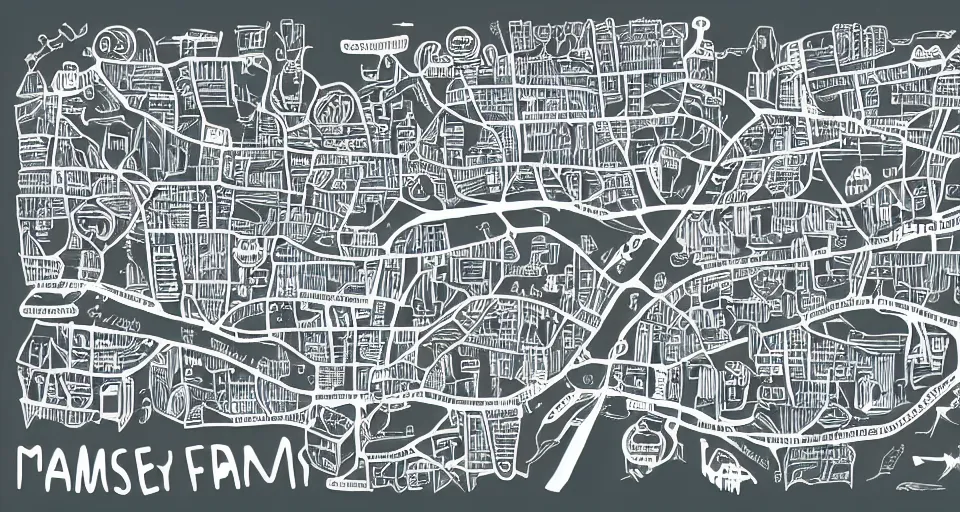 Image similar to infographic map, illustration, industrial buildings, farms, people, roads connecting everything, doodle art, line art