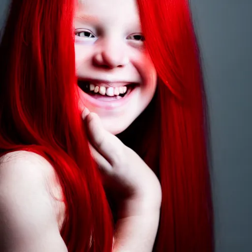 Image similar to artistic photo of a young beautiful girl with red hair looking at the camera, smiling slightly, studio lighting, award winning photo by Annie Liebowitz