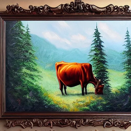 Prompt: 🐃🐄🍞🧙🌲🌉, high quality oil painting