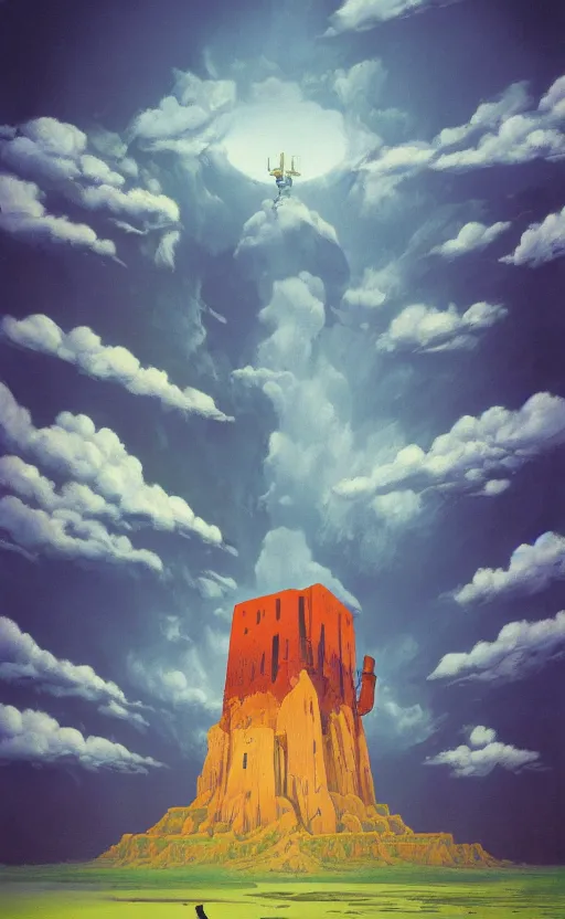 Image similar to hyperrealist painting of a giant flying cube from howl's moving castle ( 2 0 0 4 ) in a flooded monument valley stonehenge jungle. 1 9 7 0 s science fiction, moody, misty, depth perception, 4 k, artstation, in the style of studio ghibli