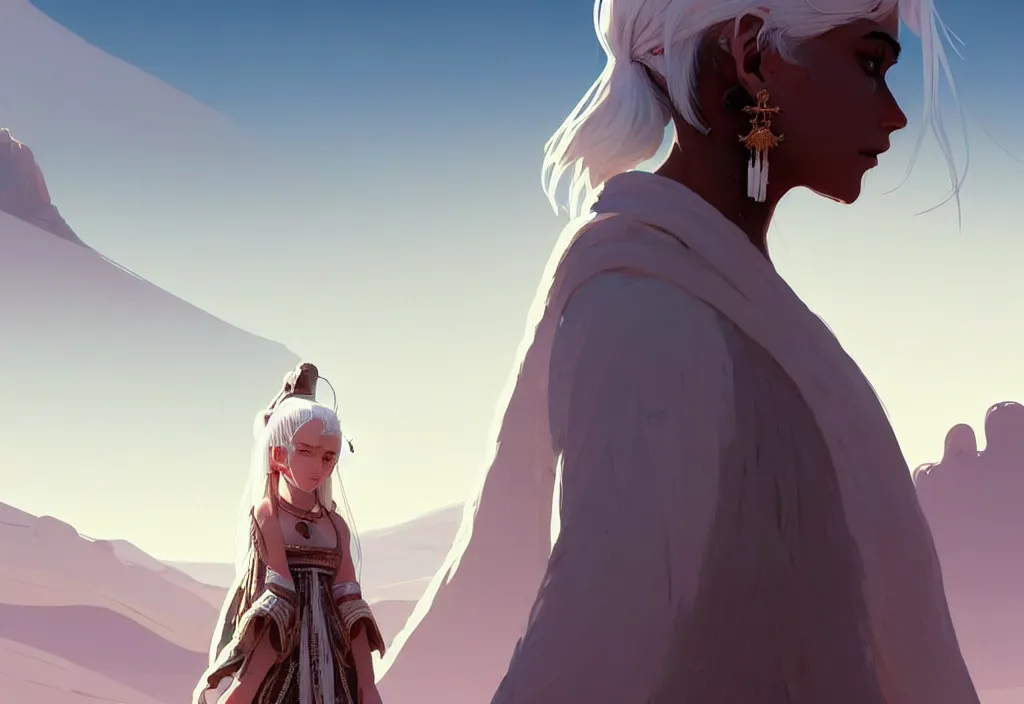 Prompt: close up picture of a cute white hair robe girl with earings and cool big giants colossus knight companions with her, crossing the desert together, beautiful and aesthetic, highly detailed face, intricate, smooth, sharp focus, trending on artstation, art by ilya kuvshinov and anato finnstark and rembrandt and quentin mabille, fantasy illustration, epic graphic novel wallpaper