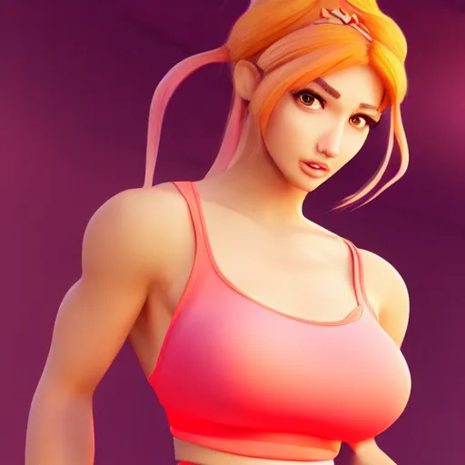 Prompt: live action extremely hot princess peach in tight sports bra and sweatpants. Digital Art, trending on artstation, 4k, cinematic