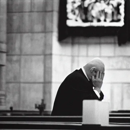 Image similar to 3 5 mm photograph of a bald donald trump praying at church on sunday