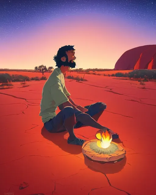 Image similar to man sitting at uluru, medicine drum, night sky, small fire, cosmic sky, behance hd by jesper ejsing, by rhads, makoto shinkai and lois van baarle, ilya kuvshinov, rossdraws global illumination radiating a glowing aura global illumination ray tracing hdr render in unreal engine 5