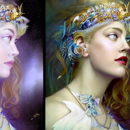 Image similar to hyperrealistic portrait of a woman as amber heard as greek goddess of the night sky wearing white swan dress wearing sapphire jewellery feather collar by jeremy mann and alphonse mucha, fantasy art, photo realistic, dynamic lighting, artstation, poster, volumetric lighting, very detailed faces, 4 k, award winning