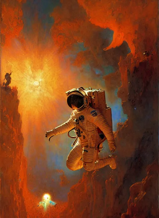 Prompt: an astronaut entering the seventh circle of hell from dante's divine comedy with lots of colours. highly detailed painting by gaston bussiere, craig mullins, j. c. leyendecker 8 k