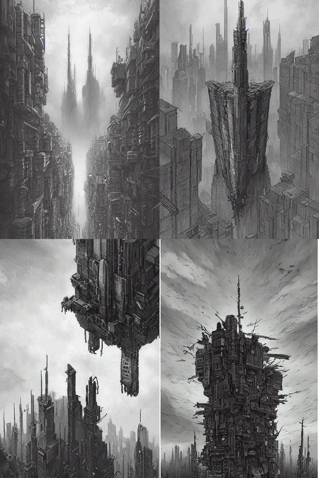 Prompt: cyberpunk citadel pierces the sky by John Kenn mortensen, style of Jakub Rozalski