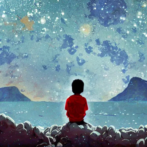 Image similar to a lonely kid in an unknown world, looking at the stars, with a lot of dead bodies behind him, rocks floating, painted like alex kanevsky, and the athmosphere of dennis villeneuve