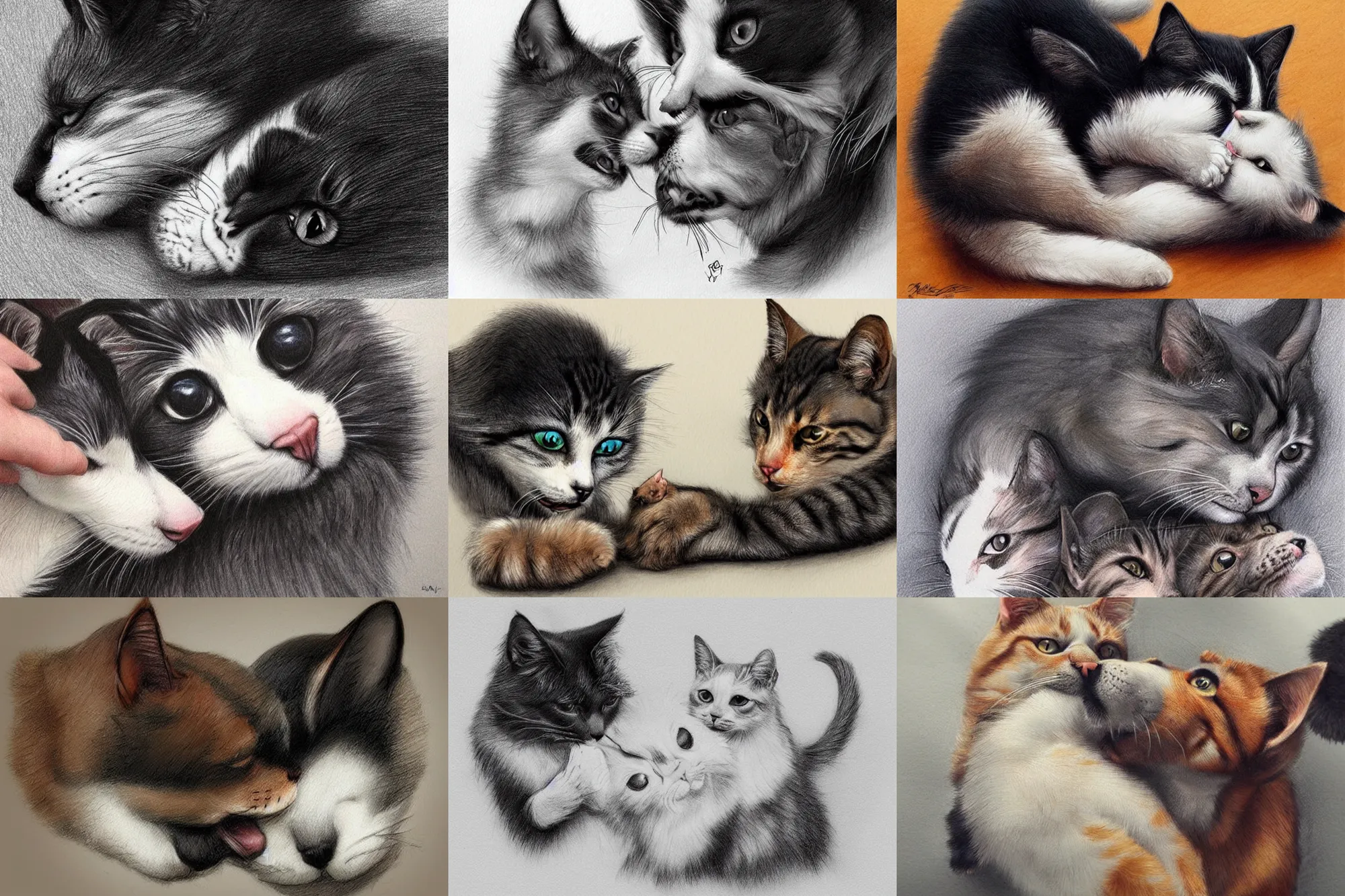 Prompt: cat and dog licking each other, cute drawing, concept art, trending on Artstation, realistic, very beautiful fur, perfect animal