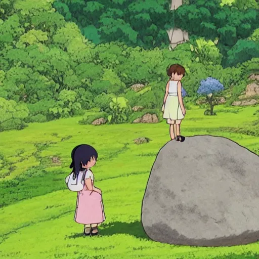 Image similar to a large rock in the middle of a beautiful lush field by studio ghibli. there's a girl in a dress next to the rock