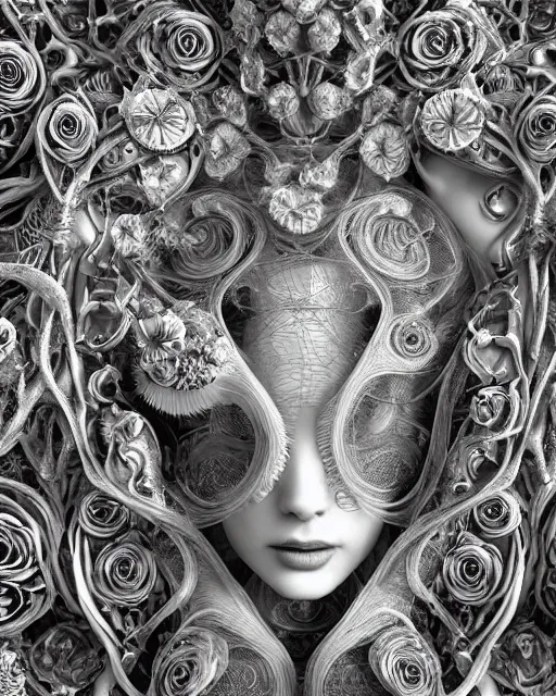 Image similar to mythical dreamy black and white organic bio-mechanical spinal ribbed profile face portrait detail of translucent steampunk beautiful siamese sisters females angelic-human-queen-vegetal-cyborg, highly detailed, intricate trnaslucent ivy jelly ornate, poetic, translucent roses ornate, 3D render, digital art, octane render, 8K artistic photography, photo-realistic, by Dora Maar