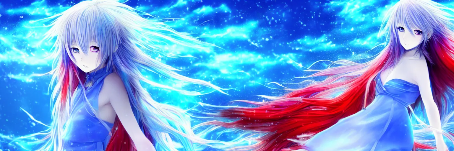 Prompt: advanced digital anime art, a very cute gorgeous teenage girl with a body made of fire and ice , full body, very long snow colored hair, sky blue highlights in hair, red fiery watery eyes, wearing a dress made of water, full round face, dramatic cinematic lighting, wideshot, highly intricately detailed, glitched background, broken screen, trending on pixiv, Artstation, painted by Rossdraws and the style of Sakimimichan