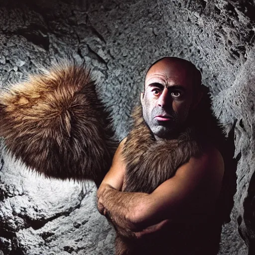 Image similar to Photo portrait Joe Rogan as a wax neanderthal cave man exaggerated brow wrapped in fur cloak screaming like a savage in the natural history museum in a replica of a cave environment dramatic lighting 85mm lens by Steve McCurry